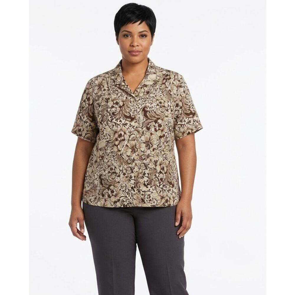 DONNKENNY Women's Vintage  Blouse Top 2XL Polyester Brown Cream Business Office